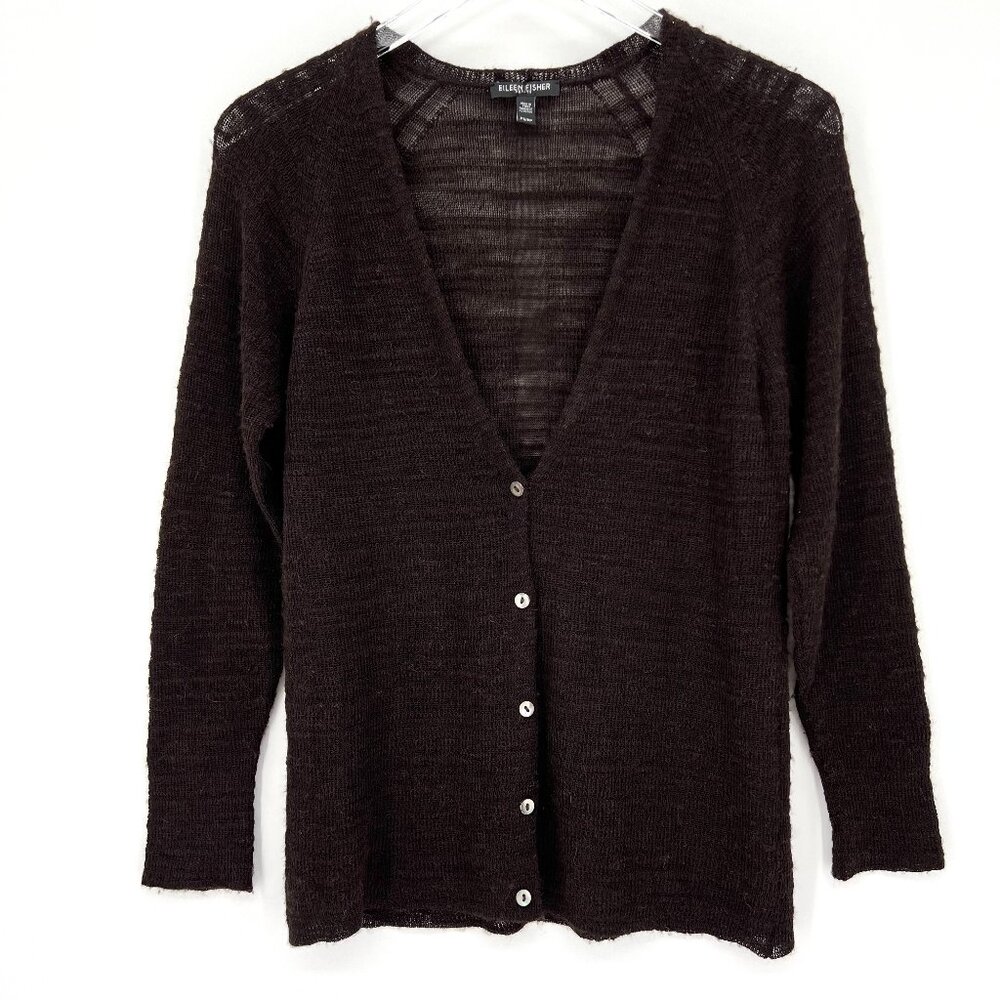 Eileen Fisher Alpaca Blend Cardigan Sweater Size PS‎ Button Up Brown Open Knit